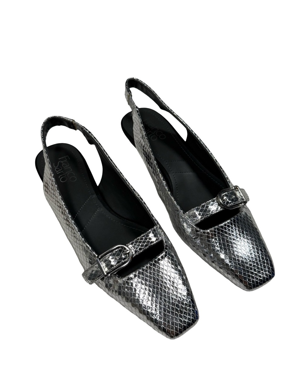 Franco Sarto Carana Slingback Flats Womens 8M Silver Snakeskin Buckle Square Toe